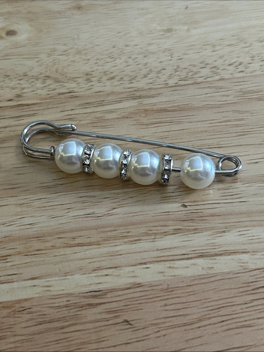 Silver Safety Pin Brooch with White Pearl Beads and Crystal Spacers